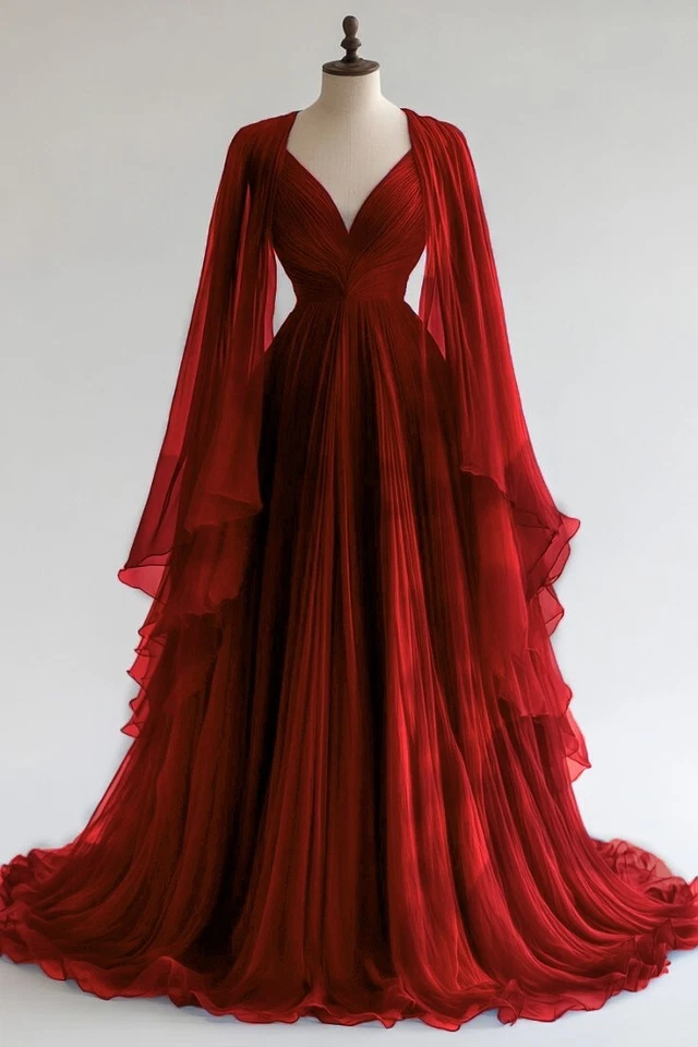 Vestidos de novia de gasa vintage con capa cuello en V línea A fruncidos vestidos de novia Foto 2 de 4