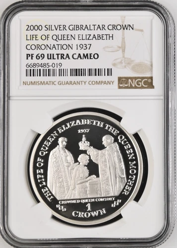 2000 GIBRALTAR SILVER 1 CROWN LIFE OF QUEEN ELIZABETH CORONATION-NGC PF69 UC