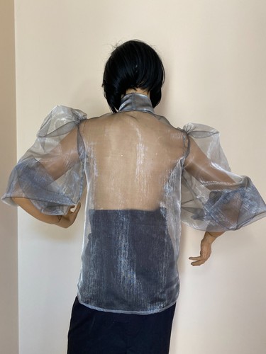 Sheer Transparent Organza Women's Formal Bow Puff Sleeves Blouse Shirt - Picture 21 of 21