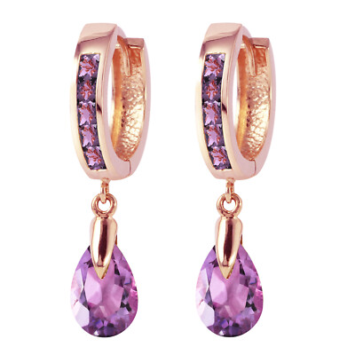 14K. MASSIVE GOLD HUGGIE OHRRINGE MIT BAUMELNDEM AMETHISTEN (Roségold)