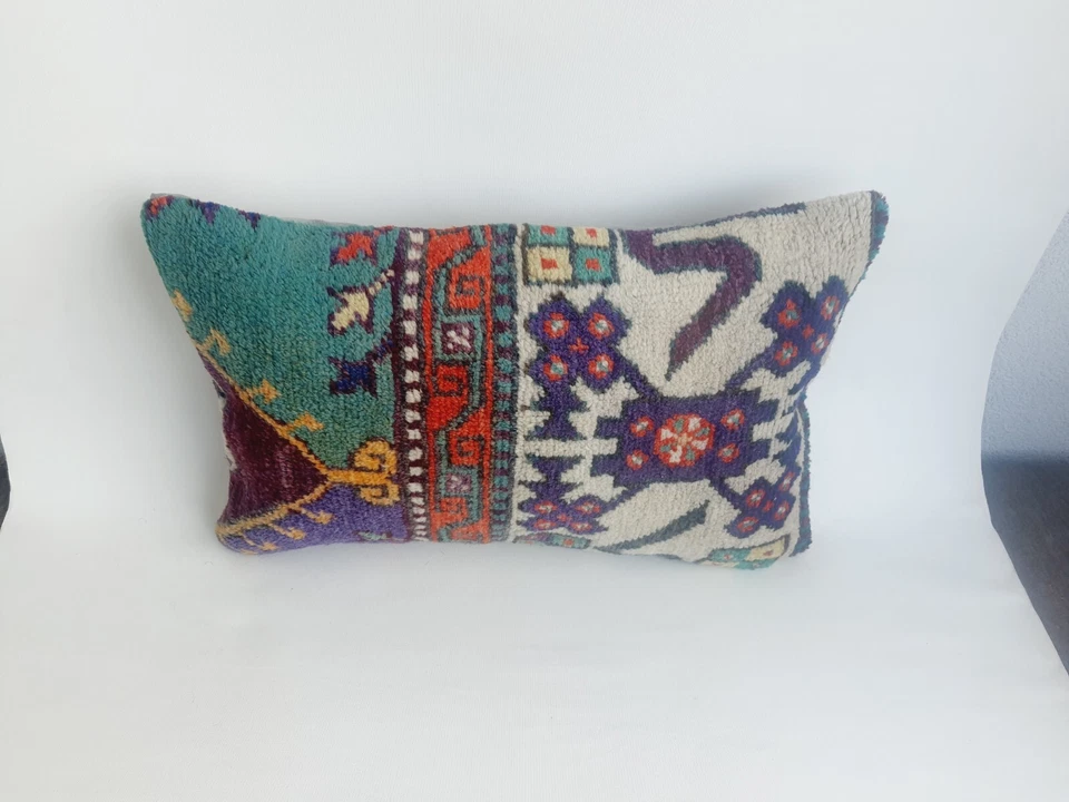 Rustic Multicolor Turkish Rug Pillow Cover , Handmade Wool Rug Pillow - Image 3 of 4