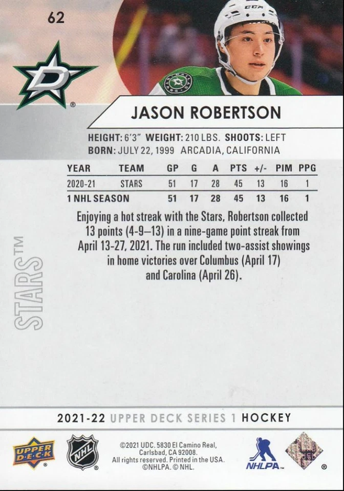 2021-22 Upper Deck Series 1 Jason Robertson Dallas Stars #62 - Image 2 of 2