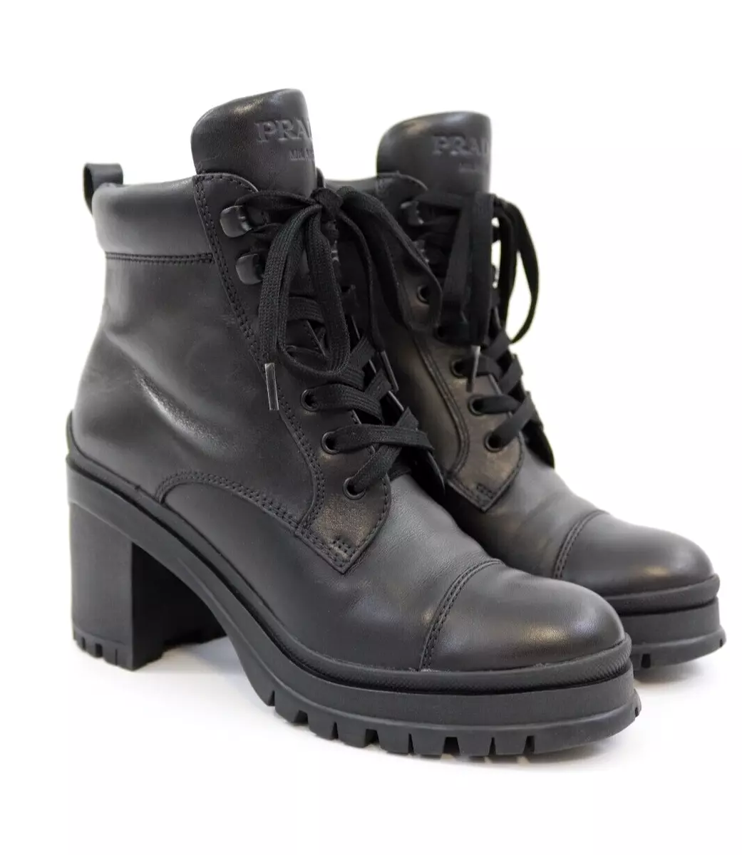 PRADA Milano Lace Up Leather Combat Boots Block Heel Lug Sole size 37 US 7 Y2K