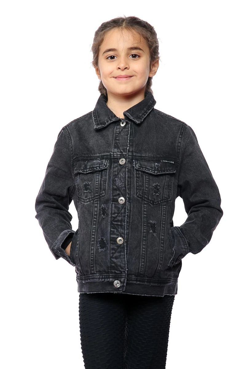 Girls Ripped Denim Jacket Biker Stressed Jeans Top Kids Outerwear