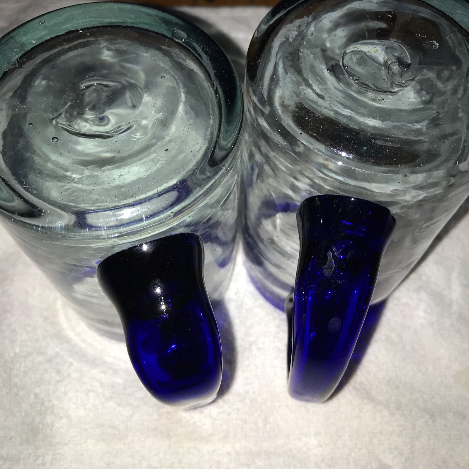 Set of 2 Hand Blown Glass Cobalt Blue Rim & Handle Beer Stein Mug Large