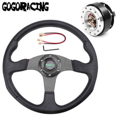 Black 14'' 350mm Flat Dish Racing Car Steering Wheel + Ball Quick Release Adapter