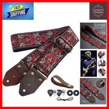 Luxury Jacquard Embroidery Guitar Strap with Crazy Horse Leather Ends - Retro...