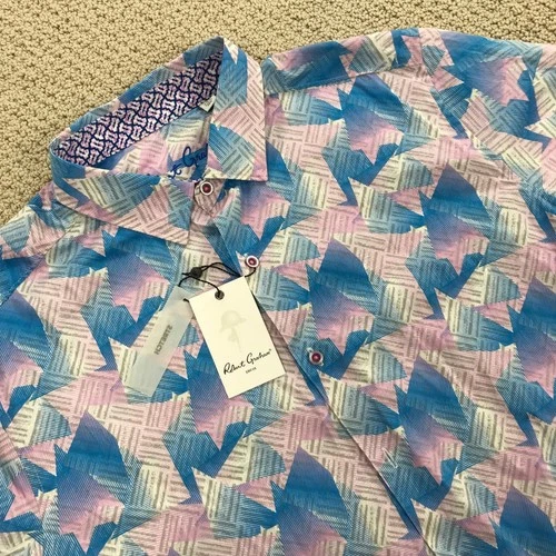 Robert Graham Mens 2XL Blue Pink Geometric Abstract Print Short Sleeve Shirt NWT - product listing photo