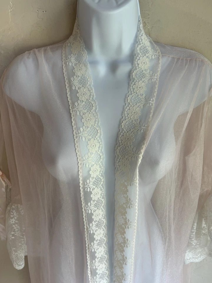 Vintage 60s 70s Sheer Nylon Long Pegnoir Robe S Pink Coquette Ethereal Lingerie - Image 2 of 4