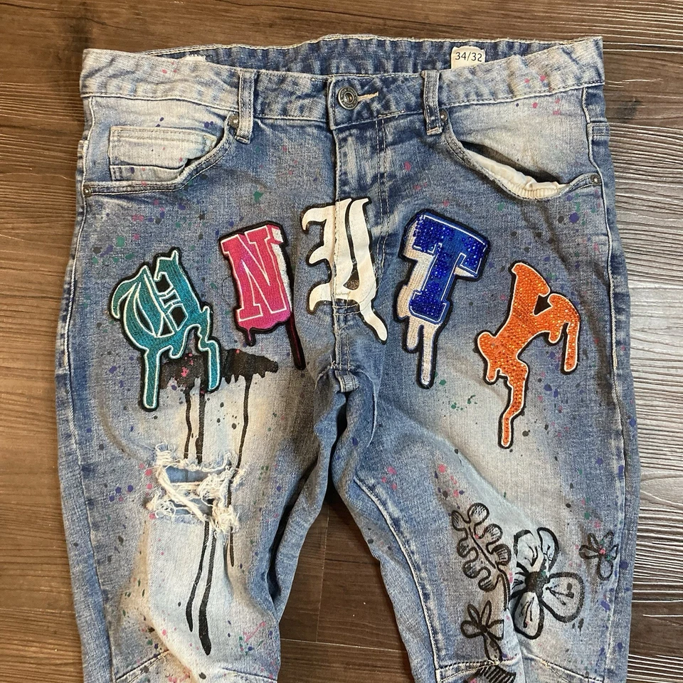 Jeans masculino cintura fumaça 34x32 unidade bordado grafite pintura grunge desgastado - Imagem 2 de 4