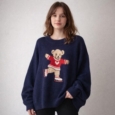 Daisy Street Ice SkatingTeddy Bear Sweater Oversized Cute Girl Winter Pullover 