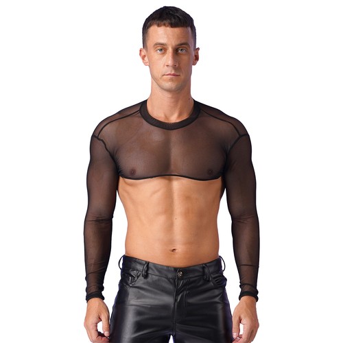 #M Para Hombres Malla Transparente Manga Larga Camiseta Elastizada Calce Ajustado Medio Corto Top Pullover - Imagen 5 de 9