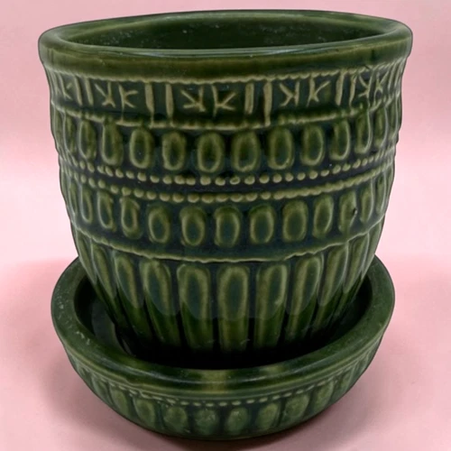 Vintage McCoy Pottery Planter + Attached Saucer Beaded Band Flower Pot USA 4" H