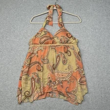 Jordache Halter Top Juniors XL 15/17 Coral Paisley Boho Metallic Smocked Y2K