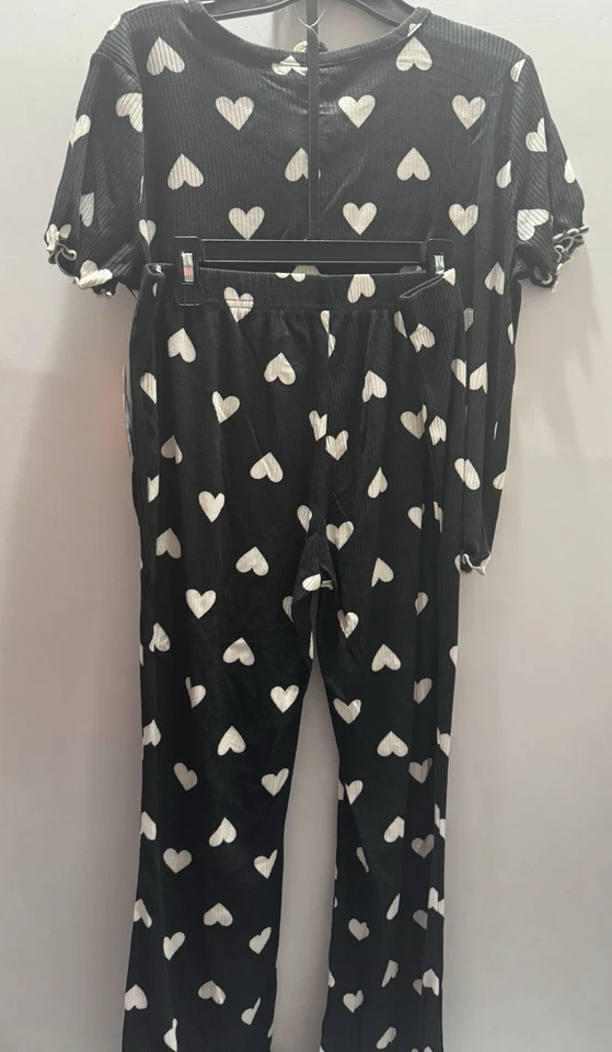 Conjunto de pijama Wonder Nation Girls (3) piezas acanaladas nuevo con etiquetas S (6-6X) más corazones negros abotonados Foto 4 de 4