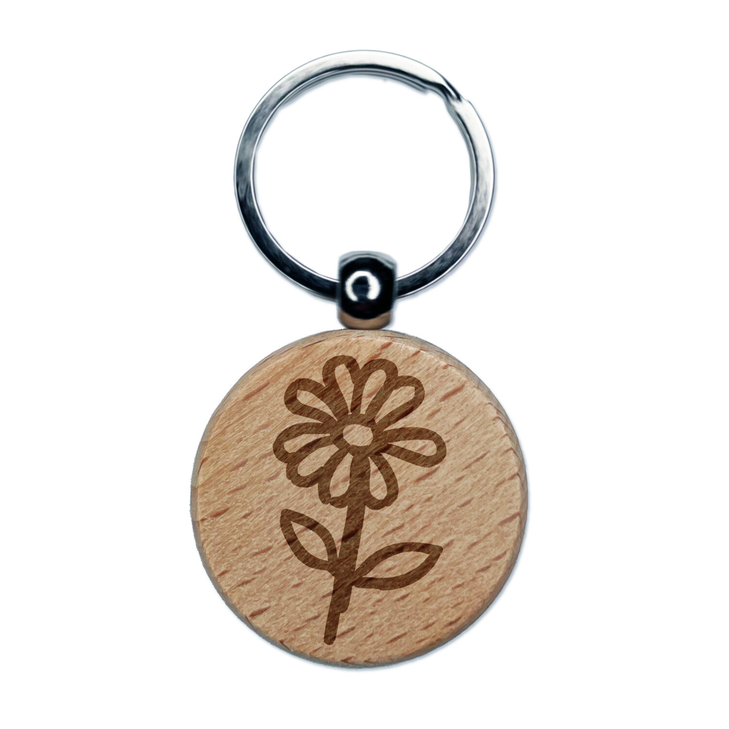 Daisy Flower Sketch Engraved Wood Round Keychain Tag Charm