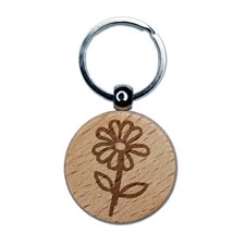 Daisy Flower Sketch Engraved Wood Round Keychain Tag Charm