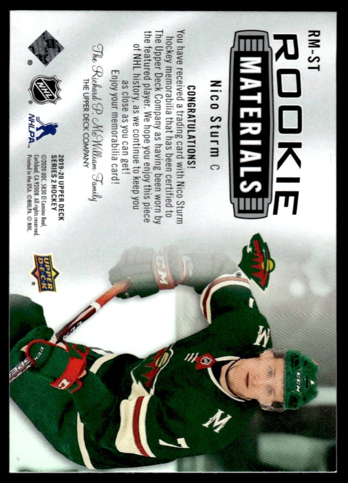 2019-20 Upper Deck Rookie Materials Nico Sturm #RM-ST - Image 2 of 2