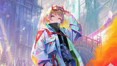 Anime girls yellow eyes multicolored hair colorful Playmat Game Mat Desk