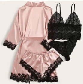 Satin 4-piece Lingerie Set Pink w/Black Lace trim, Robe, Shorts, Panties & Bra