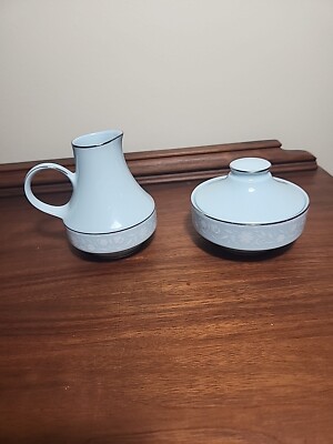 Noritake Love Song Creamer and Sugar Bowl Blue Body Blue & White Flowers