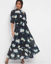 Joanna Hope Floral Black High Neck Maxi Dress Layered Pleated Sparkle Det UK10