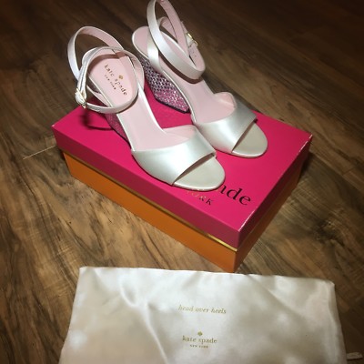 Kate Spade New York Isadora Ivory Satin Clear Stoned Wedge Heels 