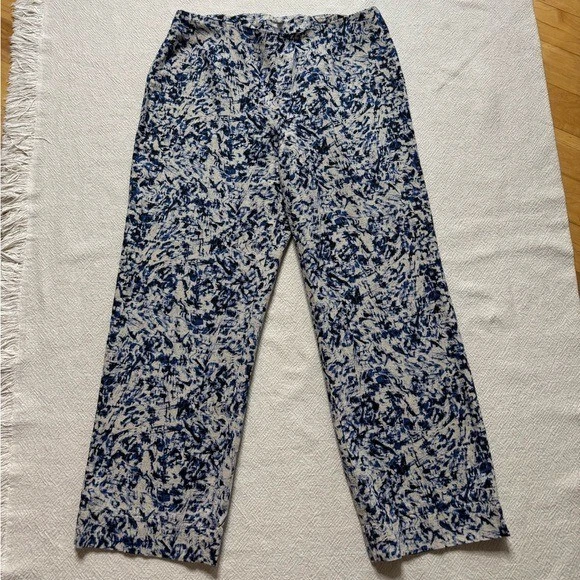 Pantalones JJILL Mujer Lino Azul Beige Abstracto Artístico Pierna Ancha 12 Petite Foto 2 de 4