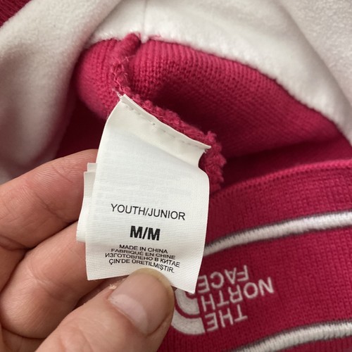 NORTHFACE YOUTH Girls M Beanie, Fuchsia Pink, Fleece Lined Logo And Stripe - Picture 5 of 9