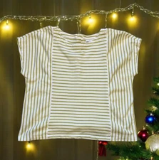 J Jill Womens Plus 2X Boxy Top Green White Stripe Cotton Cap Sleeve Back Buttons