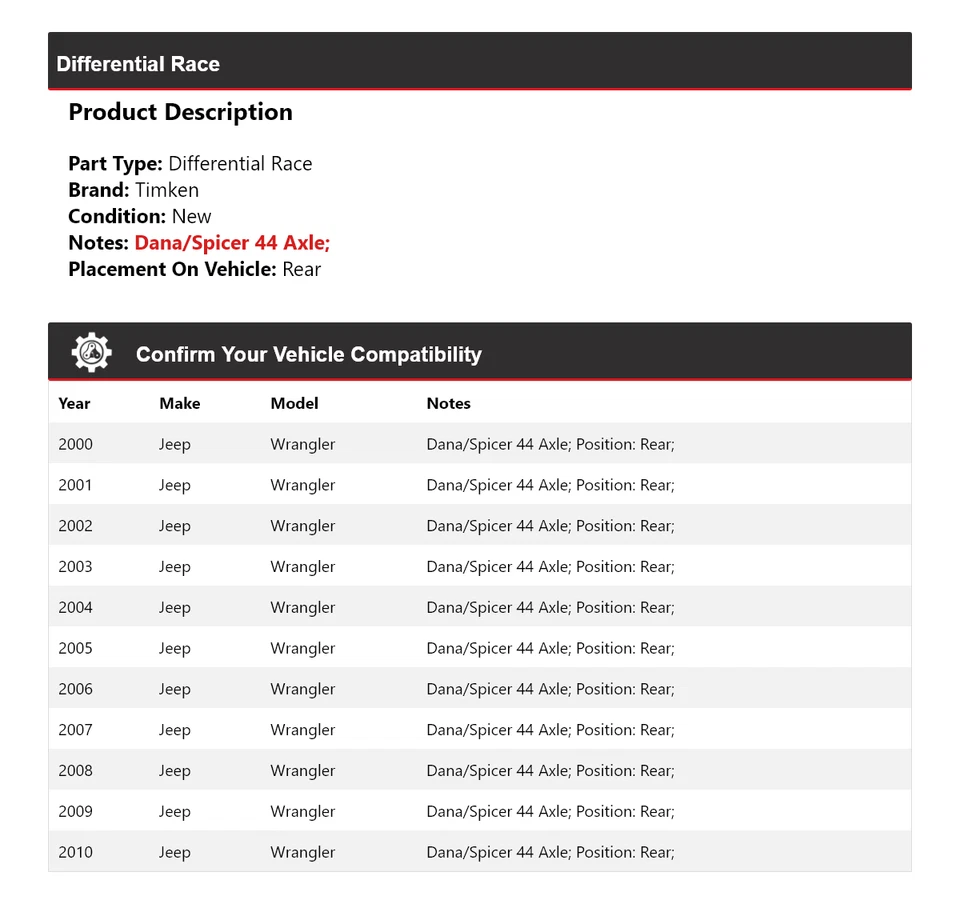 Timken trasero diferencial carrera para Jeep Wrangler 2000-2010 2001 2002 2003 2004 Foto 2 de 4