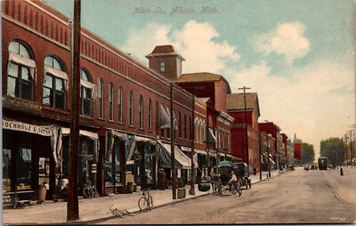 Albion Michigan Main Street, Bicycles & Horse Drawn Vehicles Vintage Postcard
