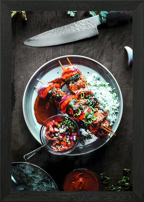 Gegrillte Spieße mit Reis gerahmtes Wandbild Poster Leinwanddruck Bild