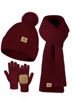 Women Winter Beanie Hat Scarf Gloves Set, Fleece Knitted Pompom Hat Warm Neck...