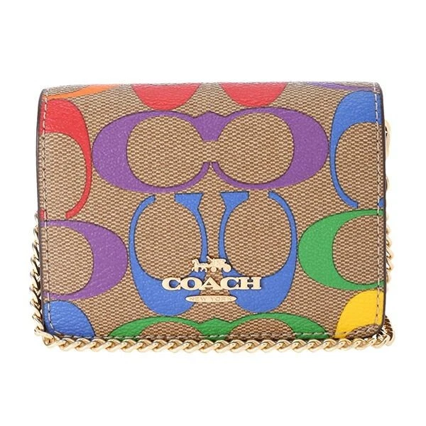 COACH Signature portamonete catena mini portafoglio marrone OUTLET pelle arcobaleno