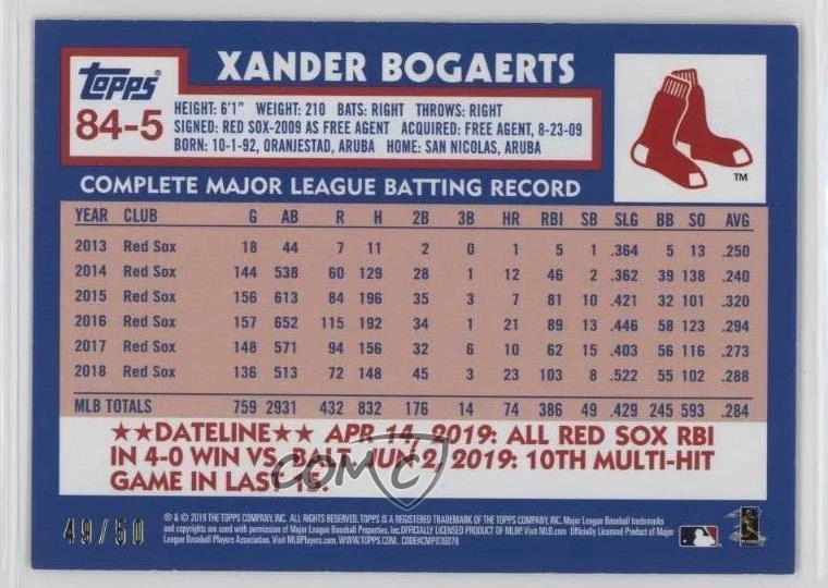2019 Topps Update 1984 Topps Baseball Gold /50 Xander Bogaerts #84-5 - Image 2 of 2