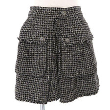 CHANEL Authentic Tweed Skirt Black Check CC Mark Logo Button Women's Bottoms F/S