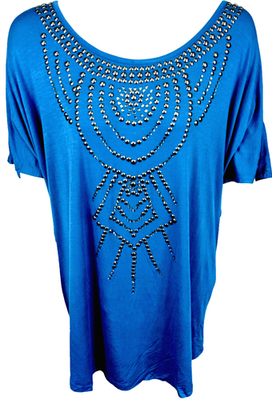 #ad #ad Haute Hippie Tribe Fits Plus Size 3X Scoop Neck Studded Tee Shirt Blue QVC NEW $19.99