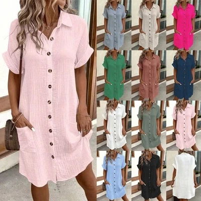 Ladies Linen Cotton Casual Shirts Dress Summer Buttons Short Sleeve Dresses SIZE - Image 1 of 4