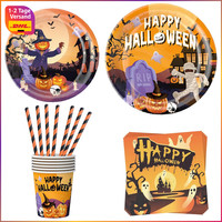 Halloween Geschirr Set 50-Teilig Pappteller Becher Strohhalme Tischdeko Party