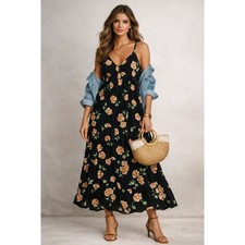 Old Navy Maxi Dress Womens M Black Floral Tiered Babydoll Boho Romantic Garden