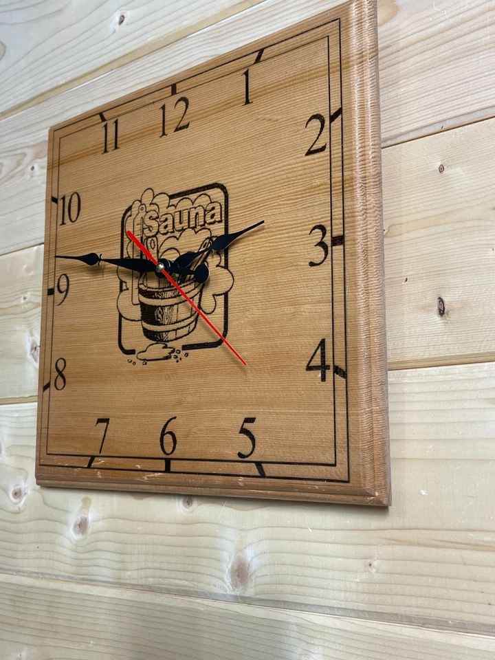 Reloj de Pared Sauna - Diseño Cuadrado Madera Grabado - 11 pulgadas Funciona con Pilas Foto 3 de 4