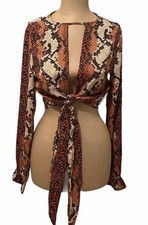 NEW BooHoo Snake Tie Front Ruffle Cuff Cropped Top Black Orange Red Tan Sz 4