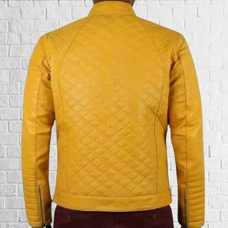 Dark Look Vibe: Cool Yellow Quilted Zipper Leather Jacket for Night Out - Image 2 of 3