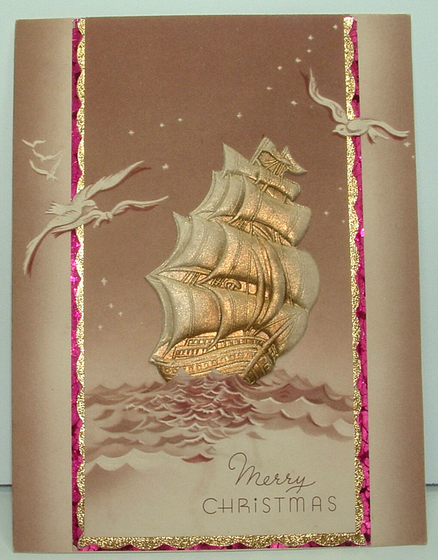 Foils, Gold Embossed Cardboard Sailing Ship - 1930's Vintage Christmas Card
