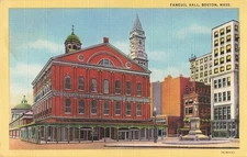 Vintage Linen Postcard Faneuil Hall & Samuel Adams Statue Boston 1950
