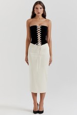HOUSE of CB Jaina Black Vintage Cream Strapless Corset Dress Velvet Satin L+