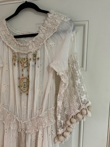 New Made in Italy Lagenlook Cream Beaded Lace Pom Pom Tassel Dress-One Size BNWT - Picture 7 of 15