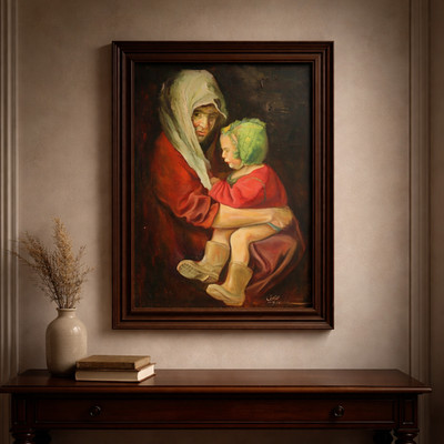 Original Signed Mother & Child Oil Painting Large Framed Figurative Portrait