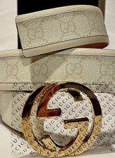 Gucci Unisex White Leather with Canvas Belt With Double Gold GG Buckle Size 36